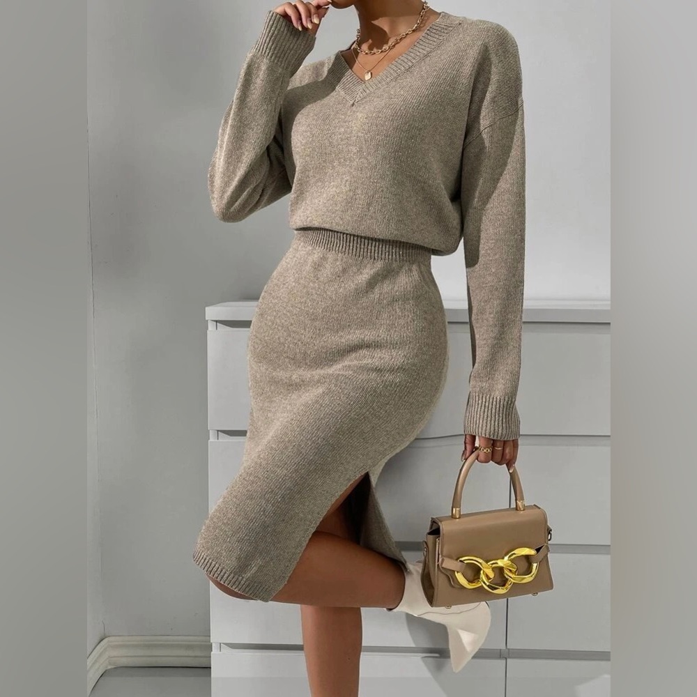 Drop Shoulder Split Thigh Sweater Dress
